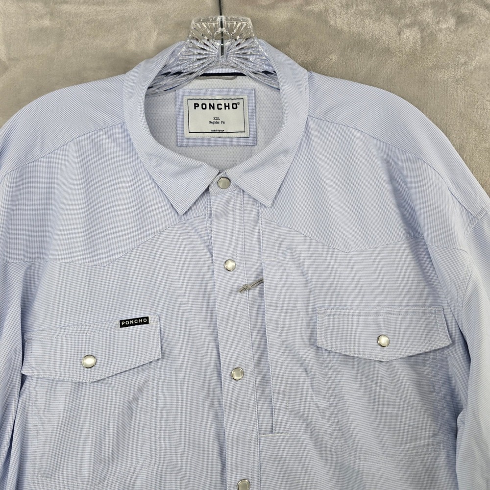 Poncho Western Shirt Mens XXL Blue Micro Check Pearl Snap Performance Stretch